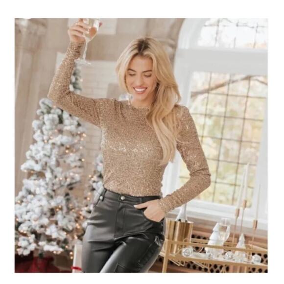 Free People Gold Rush Sequin Long Sleeve Top Blouse in Gold Combo Boho Chic XS - Picture 2 of 9